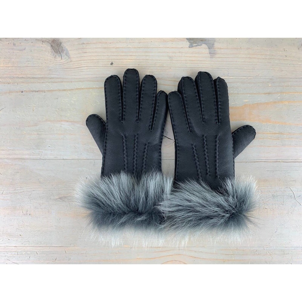 UGG THREE POINT BLACK LEATHER GLOVES WITH TOSCANA FUR Trim MED NWT